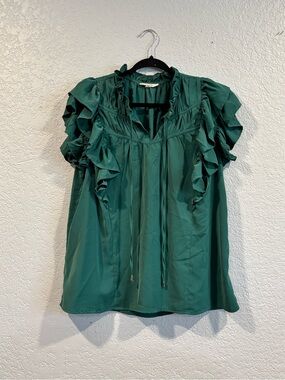 Ruffled Tie-Neck Women's Top in Forest Green